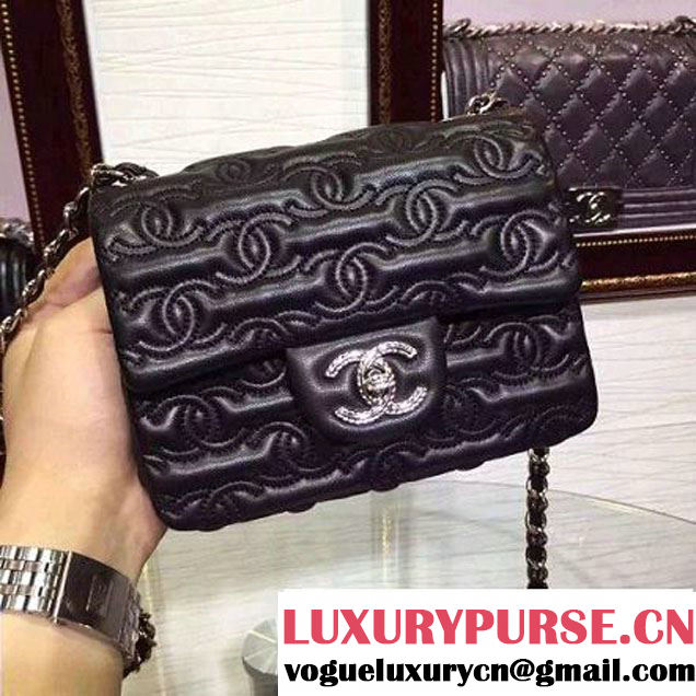 Chanel Lambskin Mini Classic Flap Bag Embellished with Full CC Embroidery Black 2015 (2a136-090328 )
