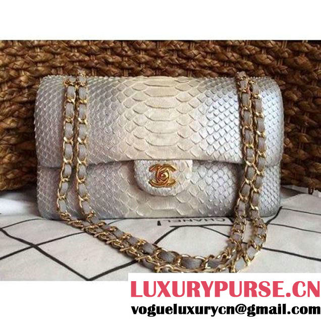 Chanel Medium Python Leather Classic Double Flap Bag in Grey/White (1a086-101438 )