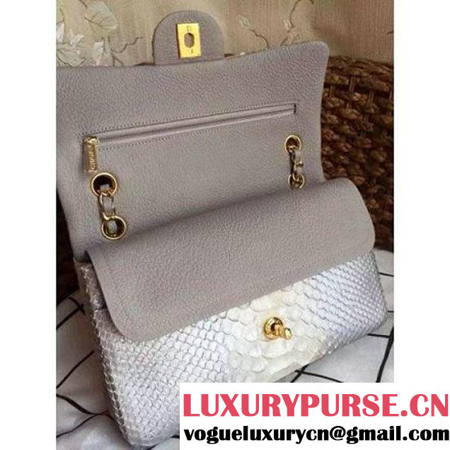 Chanel Medium Python Leather Classic Double Flap Bag in Grey/White (1a086-101438 )