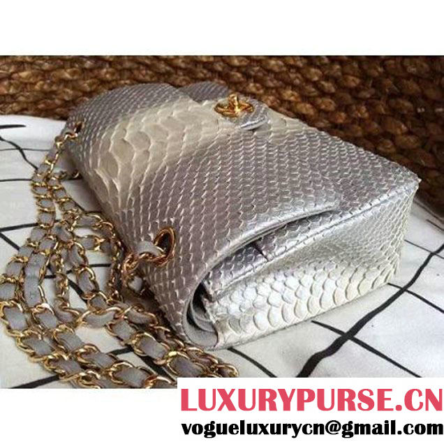 Chanel Medium Python Leather Classic Double Flap Bag in Grey/White (1a086-101438 )