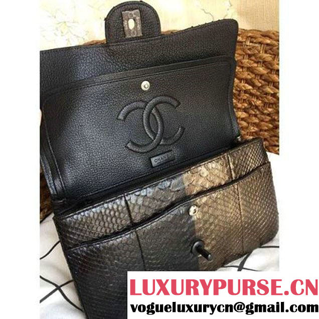 Chanel Medium Python Leather Classic Double Flap Bag in Black/Gold (1a086-101440 )