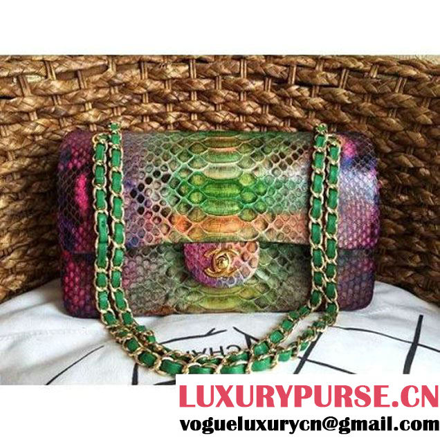 Chanel Medium Python Leather Classic Double Flap Bag in Multicolor/Green (1a086-101445 )