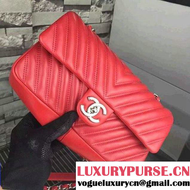 Chanel Red Lambskin Medium Chevron Quilting Flap Bag F/W 2015  (2A058-102008 )