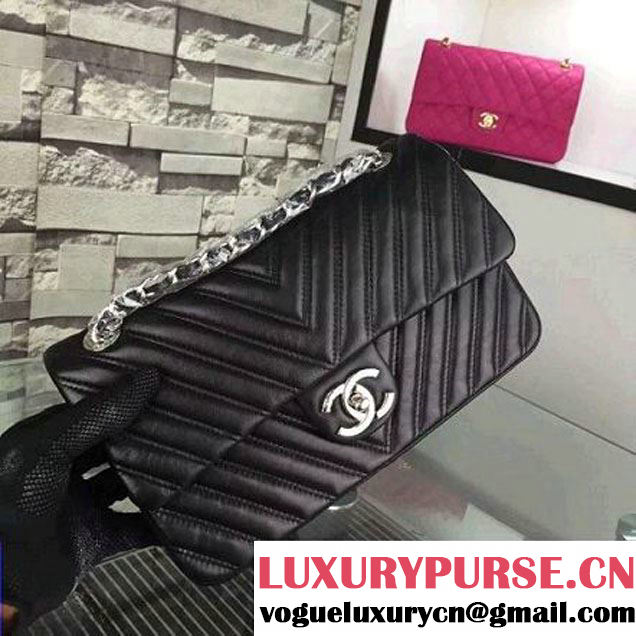 Chanel Black Lambskin Medium Chevron Quilting Flap Bag F/W 2015 (2A058-102009 )