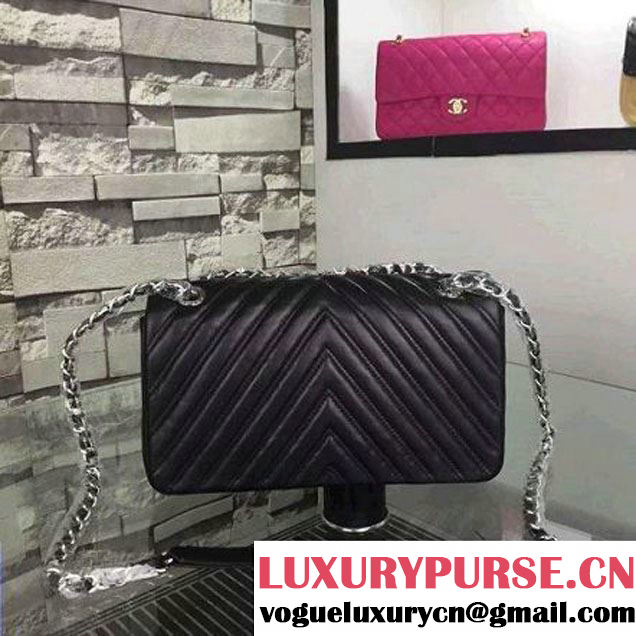 Chanel Black Lambskin Medium Chevron Quilting Flap Bag F/W 2015 (2A058-102009 )