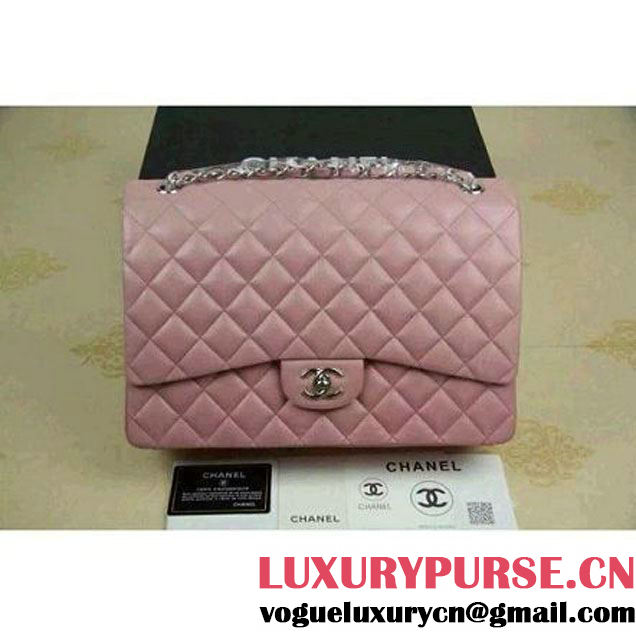 Chanel Maxi Lambskin Classic Double Flap Bag in Pink (Silver Hardware) (V-111650 )