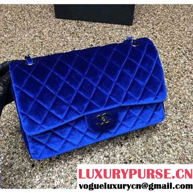 Chanel Velvet Classics A1113 Jumbo Flap Bag Royal Blue (Black Hardware) (MC-112036 )