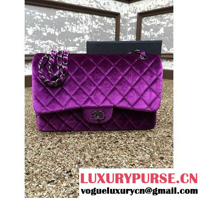 Chanel Velvet Classics A1113 Jumbo Flap Bag Purple (Black Hardware) (MC-112038 )