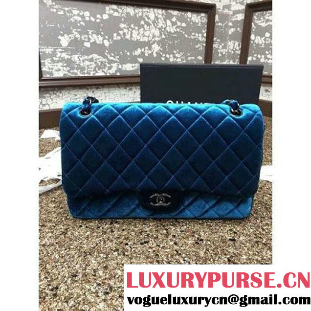 Chanel Velvet Classics A1113 Jumbo Flap Bag Cyan (Black Hardware) (MC-112042 )