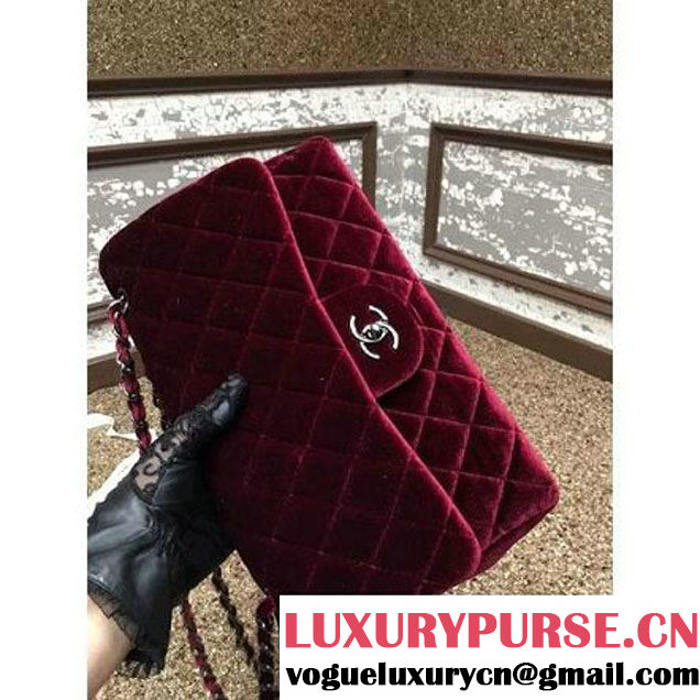 Chanel Velvet Classics A1113 Jumbo Flap Bag Burgundy (Black Hardware) (MC-112043 )