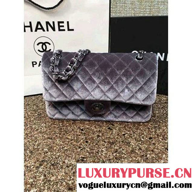 Chanel Velvet Classic Regular A1112 Flap Bag Grey (Black Hardware) (MC-112059 )