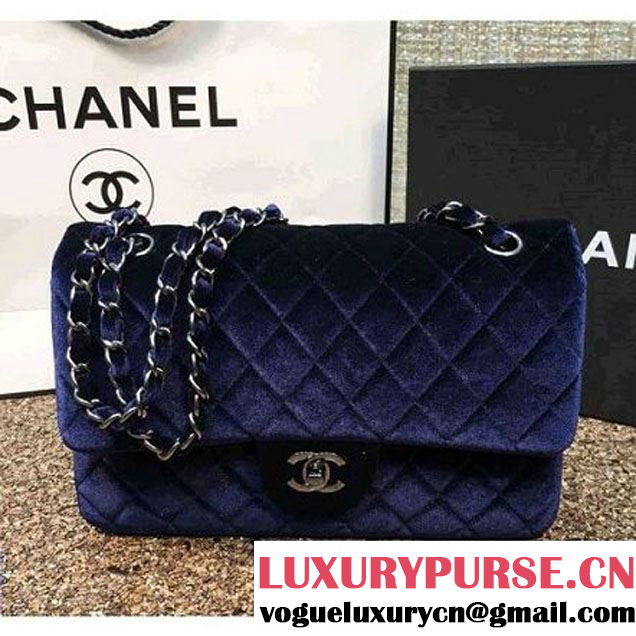 Chanel Velvet Classic Regular A1112 Flap Bag Deep Blue (Black Hardware) (MC-112064 )