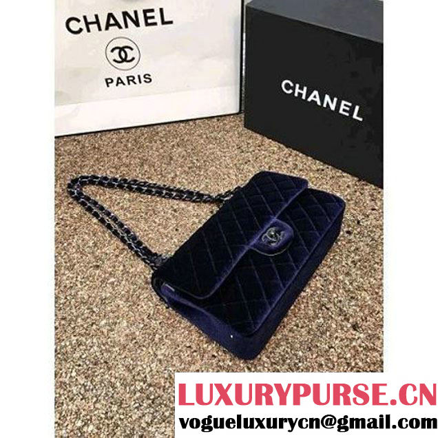 Chanel Velvet Classic Regular A1112 Flap Bag Deep Blue (Black Hardware) (MC-112064 )