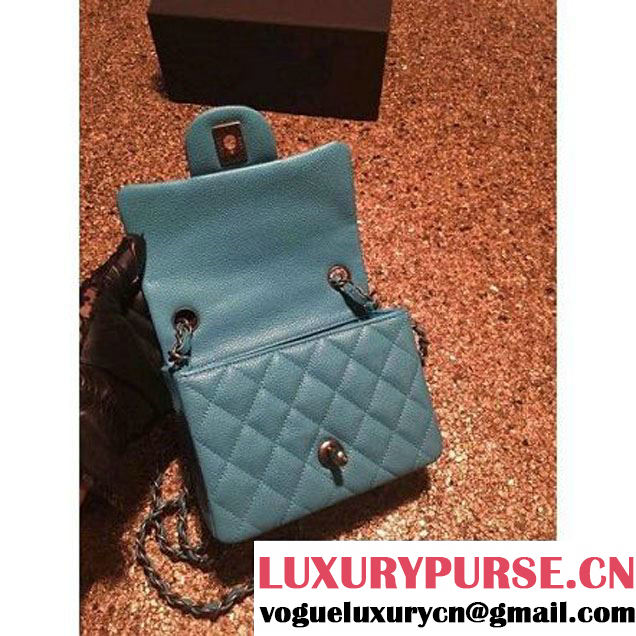 Chanel Caviar Calfskin Leather Mini Classic Flap Bag A1115 Cyan (Silver Hardware) (MC-121543 )