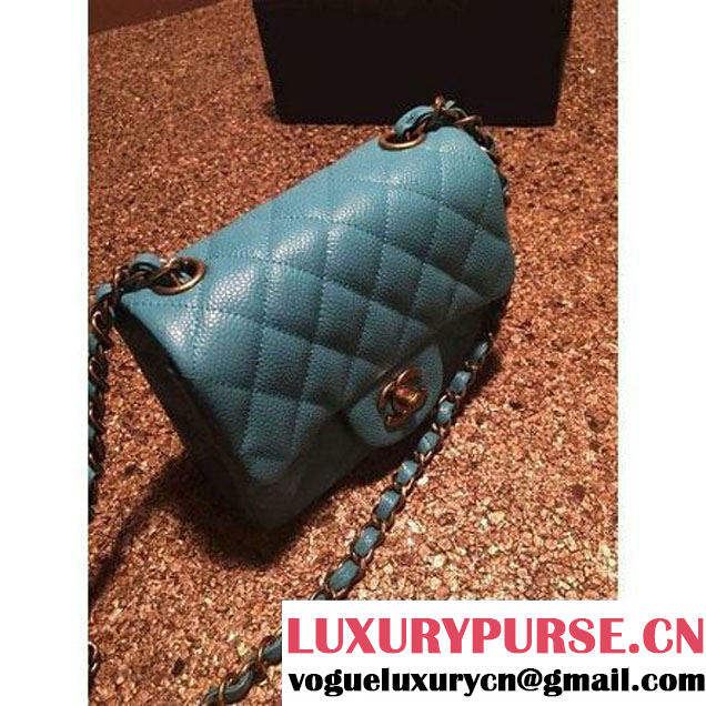 Chanel Caviar Calfskin Leather Mini Classic Flap Bag A1115 Cyan (Gold Hardware) (MC-121544 )