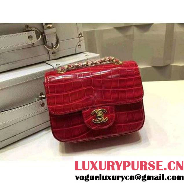 Chanel Crocodile Pattern Calfskin Mini Classic Flap Bag A1115 Red (Gold Hardware) (KN-121556 )