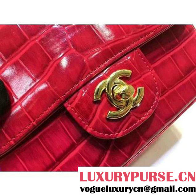 Chanel Crocodile Pattern Calfskin Mini Classic Flap Bag A1115 Red (Gold Hardware) (KN-121556 )