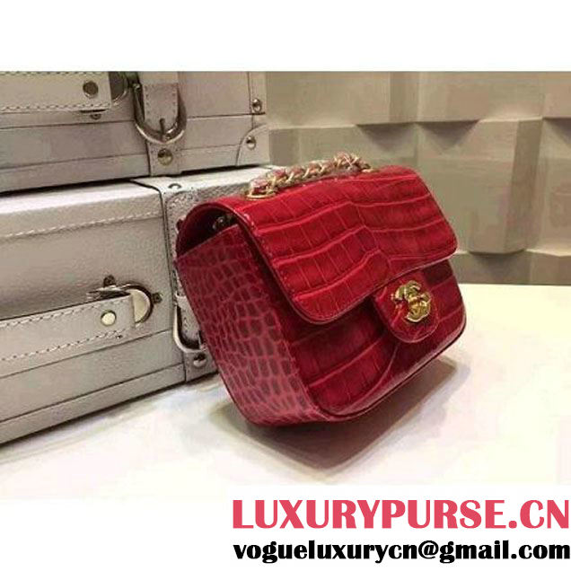 Chanel Crocodile Pattern Calfskin Mini Classic Flap Bag A1115 Red (Gold Hardware) (KN-121556 )