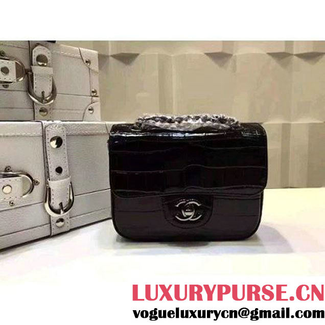 Chanel Crocodile Pattern Calfskin Mini Classic Flap Bag A1115 Black (Black Hardware) (KN-121557 )