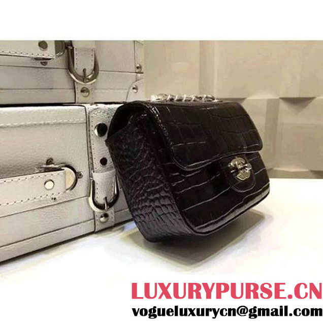 Chanel Crocodile Pattern Calfskin Mini Classic Flap Bag A1115 Black (Silver Hardware) (KN-121559 )