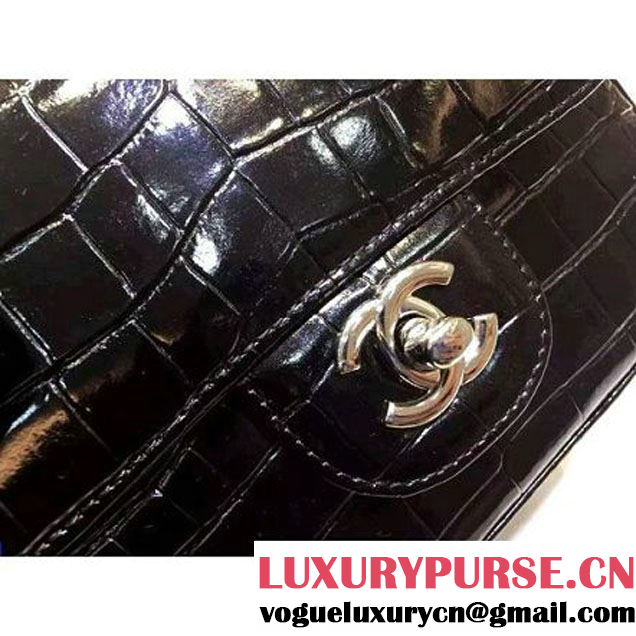 Chanel Crocodile Pattern Calfskin Mini Classic Flap Bag A1115 Black (Silver Hardware) (KN-121559 )