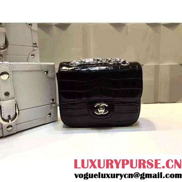 Chanel Crocodile Pattern Calfskin Mini Classic Flap Bag A1115 Black (Silver Hardware) (KN-121559 )