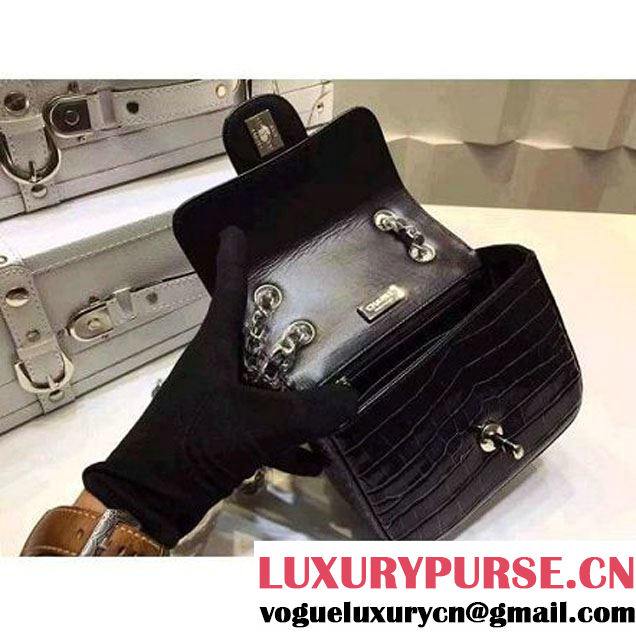Chanel Crocodile Pattern Calfskin Mini Classic Flap Bag A1115 Black (Silver Hardware) (KN-121559 )