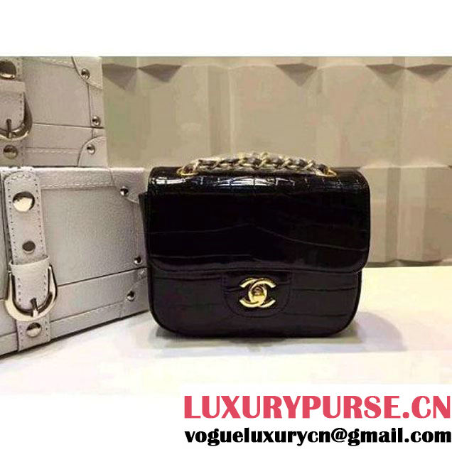Chanel Crocodile Pattern Calfskin Mini Classic Flap Bag A1115 Black (Gold Hardware) (KN-121560 )