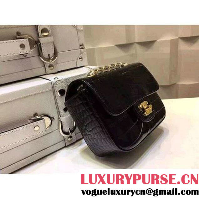 Chanel Crocodile Pattern Calfskin Mini Classic Flap Bag A1115 Black (Gold Hardware) (KN-121560 )