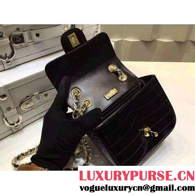 Chanel Crocodile Pattern Calfskin Mini Classic Flap Bag A1115 Black (Gold Hardware) (KN-121560 )