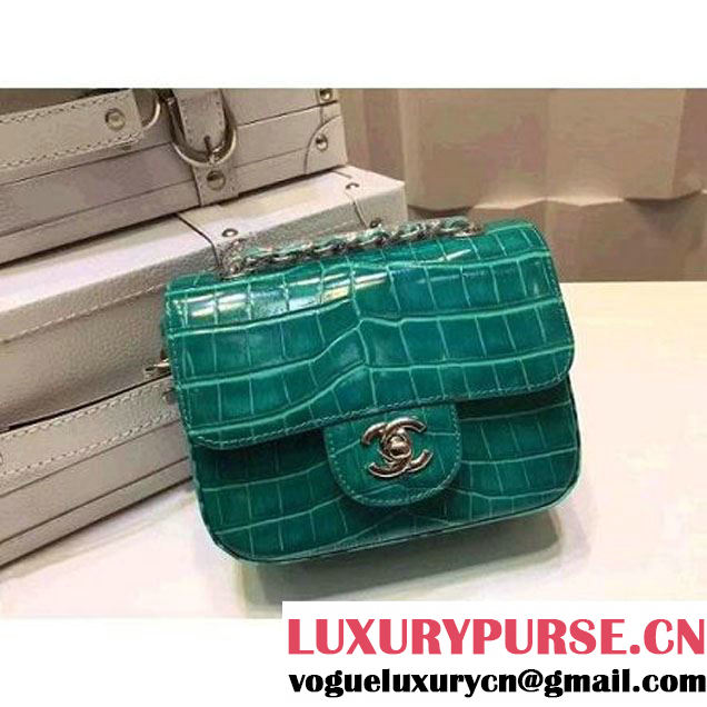 Chanel Crocodile Pattern Calfskin Mini Classic Flap Bag A1115 Green(Silver Hardware) (KN-121561 )