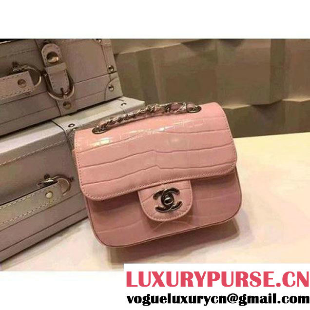 Chanel Crocodile Pattern Calfskin Mini Classic Flap Bag A1115 Pink (Silver Hardware) (KN-121563 )