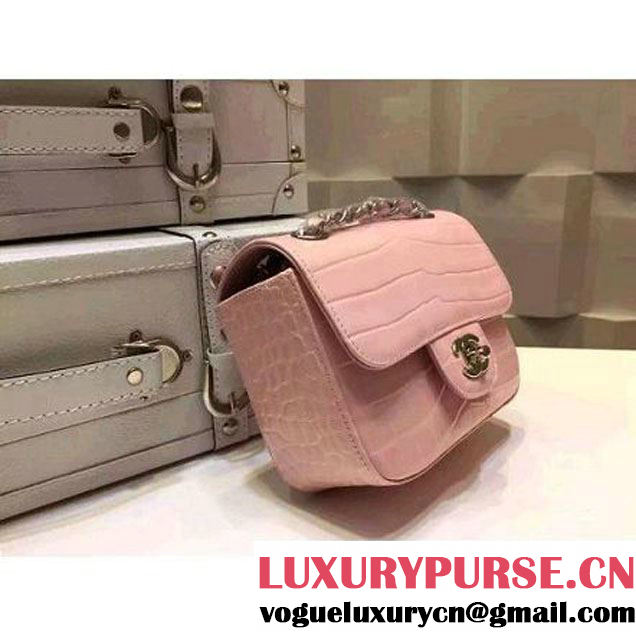 Chanel Crocodile Pattern Calfskin Mini Classic Flap Bag A1115 Pink (Silver Hardware) (KN-121563 )