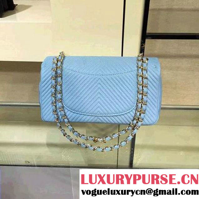 Chanel Lambskin Flap Bag Embellished With Chevron Quilting Blue Cruise 2016 (2A143-122602 )