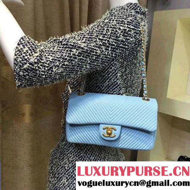 Chanel Lambskin Flap Bag Embellished With Chevron Quilting Blue Cruise 2016 (2A143-122602 )