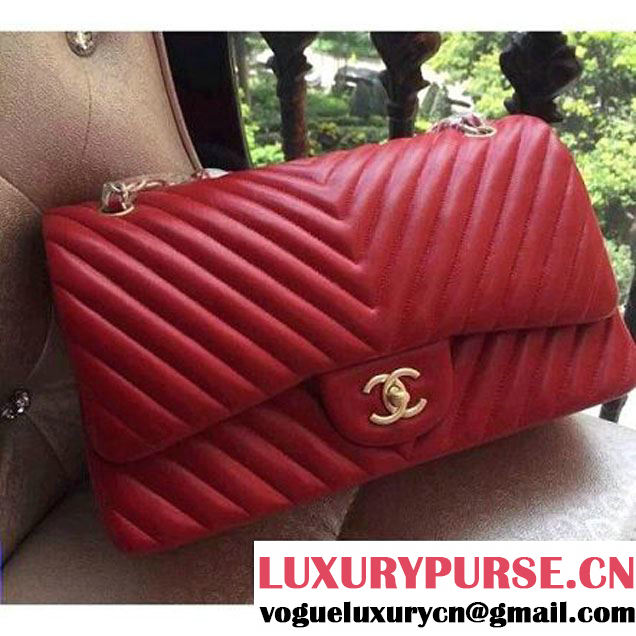 Chanel 1113 Lambskin Chevron Quilting Classic Jumbo Flap Bag in Red 2015 (H-010731 )