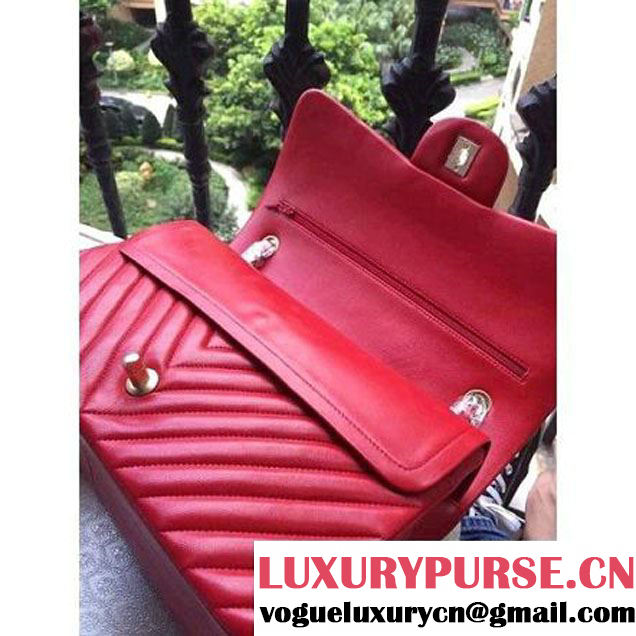 Chanel 1113 Lambskin Chevron Quilting Classic Jumbo Flap Bag in Red 2015 (H-010731 )