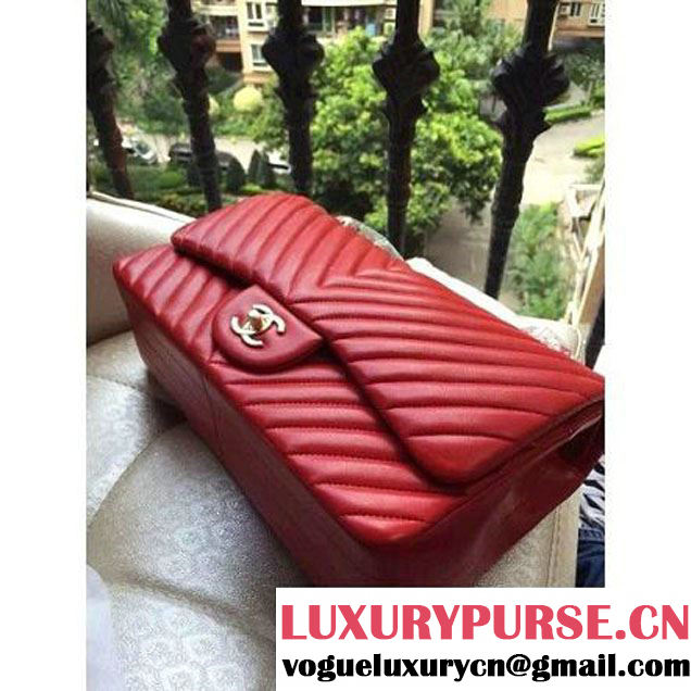 Chanel 1113 Lambskin Chevron Quilting Classic Jumbo Flap Bag in Red 2015 (H-010731 )