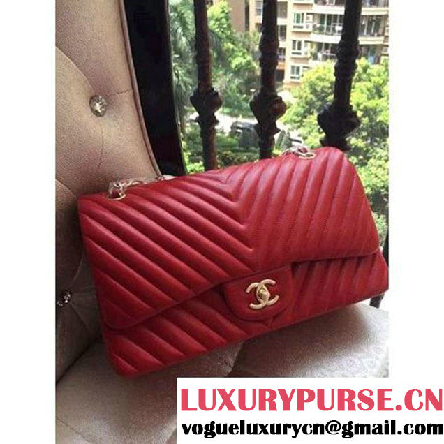Chanel 1113 Lambskin Chevron Quilting Classic Jumbo Flap Bag in Red 2015 (H-010731 )