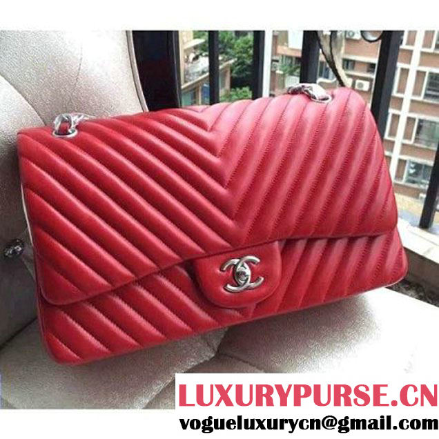 Chanel 1113 Lambskin Chevron Quilting Classic Jumbo Flap Bag in Red With SHW 2015 (H-010732 )