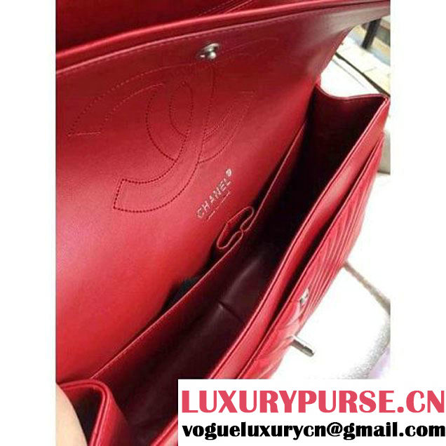 Chanel 1113 Lambskin Chevron Quilting Classic Jumbo Flap Bag in Red With SHW 2015 (H-010732 )