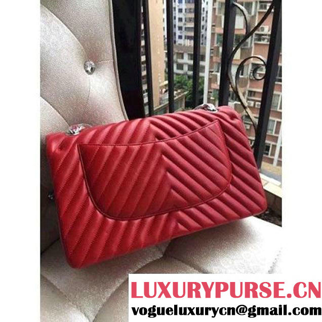 Chanel 1113 Lambskin Chevron Quilting Classic Jumbo Flap Bag in Red With SHW 2015 (H-010732 )