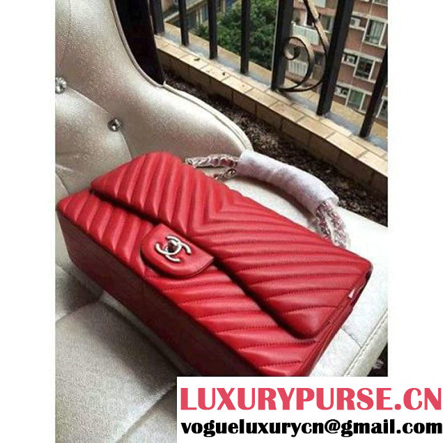 Chanel 1113 Lambskin Chevron Quilting Classic Jumbo Flap Bag in Red With SHW 2015 (H-010732 )