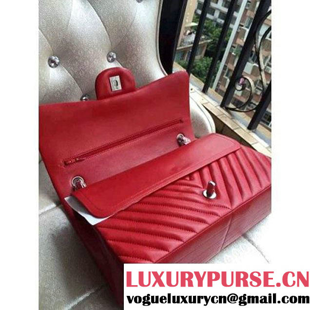 Chanel 1113 Lambskin Chevron Quilting Classic Jumbo Flap Bag in Red With SHW 2015 (H-010732 )