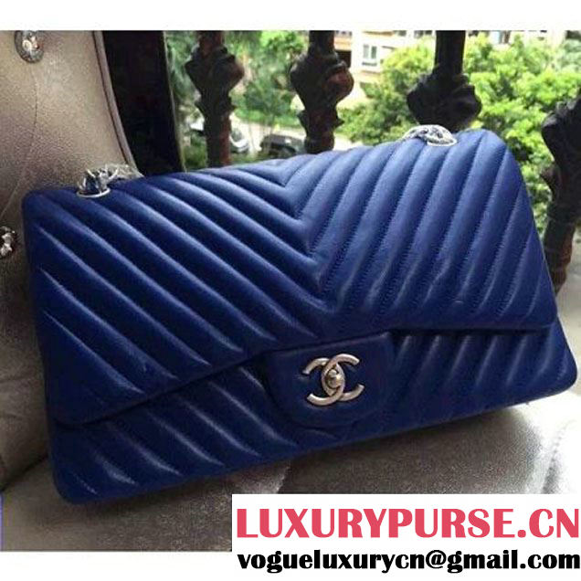Chanel 1113 Lambskin Chevron Quilting Classic Jumbo Flap Bag Royal Blue with SHW 2015 (H-010733 )