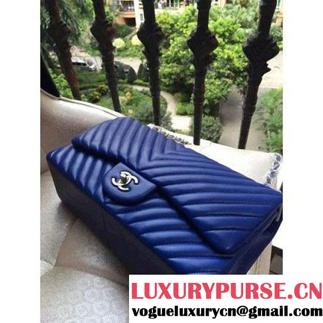 Chanel 1113 Lambskin Chevron Quilting Classic Jumbo Flap Bag Royal Blue with SHW 2015 (H-010733 )