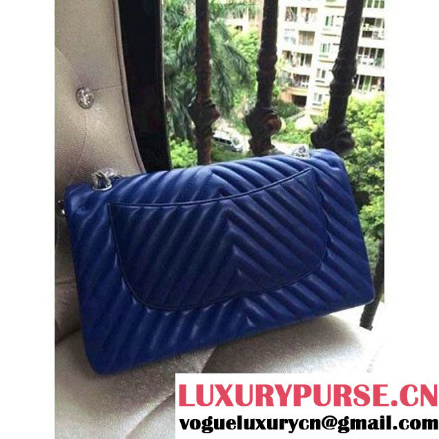 Chanel 1113 Lambskin Chevron Quilting Classic Jumbo Flap Bag Royal Blue with SHW 2015 (H-010733 )