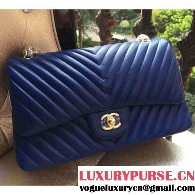 Chanel 1113 Lambskin Chevron Quilting Classic Jumbo Flap Bag Royal Blue with GHW 2015 (H-010734 )