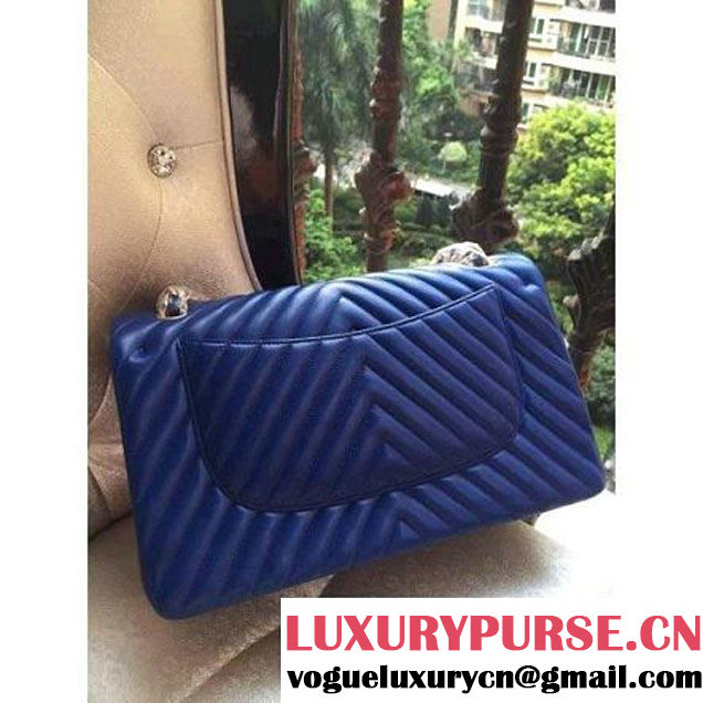 Chanel 1113 Lambskin Chevron Quilting Classic Jumbo Flap Bag Royal Blue with GHW 2015 (H-010734 )