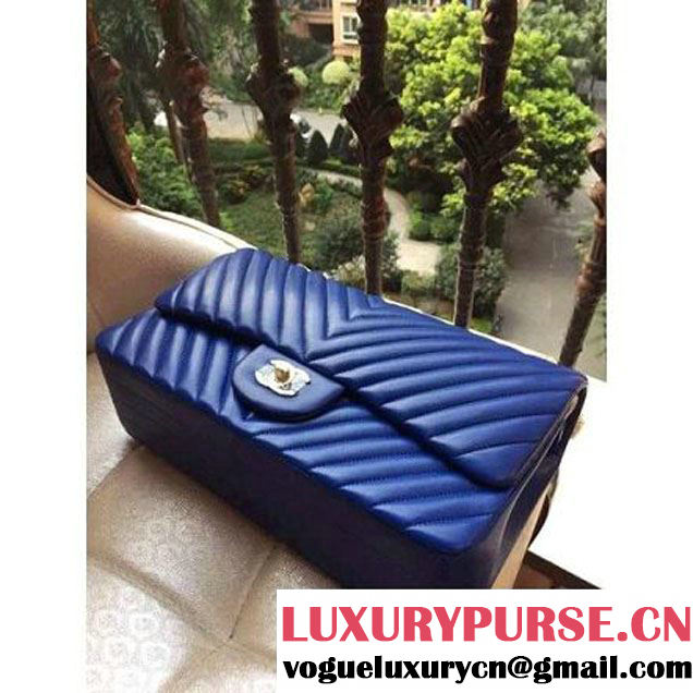 Chanel 1113 Lambskin Chevron Quilting Classic Jumbo Flap Bag Royal Blue with GHW 2015 (H-010734 )